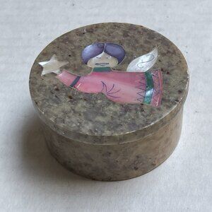 Vintage Soap Stone Mother of Pearl Inlay Angel Star Trinket Box Round Lid Decor